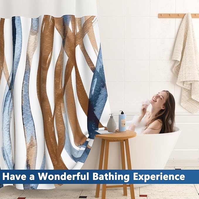 Blue and Brown Striped Shower Curtain and Liner Set, Hotel Luxury Waterproof Double Layers Fabric No Hook Shower Curtain, Modern Abstract Geometric Bathroom Curtains with Top Sheer Window, 71x74 Inch