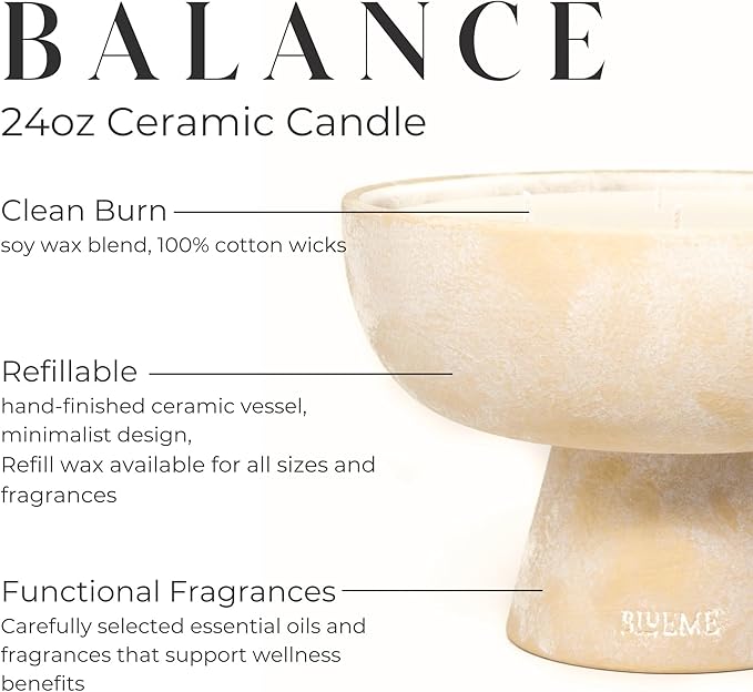 Blueme Balance Candle | White Lotus & Tea | 5 Wick - Refillable Wellness Candle with Essential Oils, Hand Finished & Poured Soy Wax Blend Ceramic Vessel, Natural Cotton Wicks | Large 24 oz