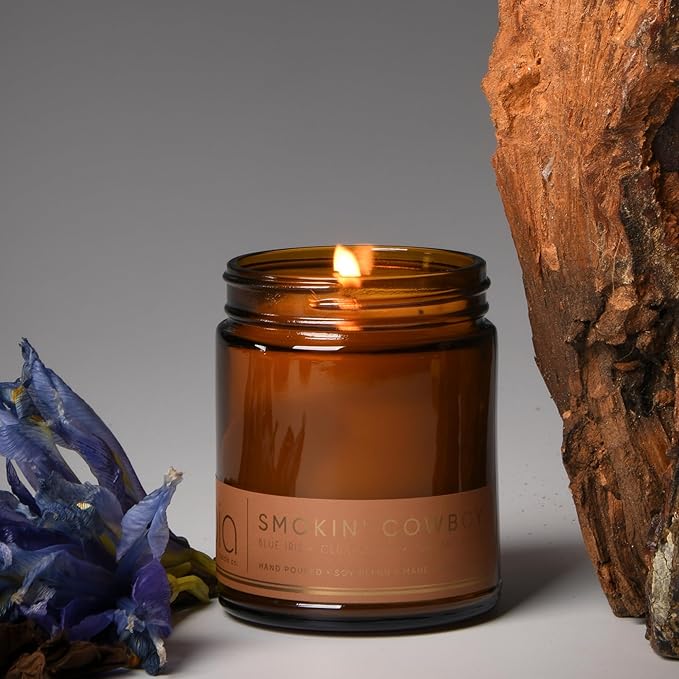 Bia Candle Co Soy Blend Candle, Woody Tuscan Leather, Sandalwood & Cedar with Iris – Long-Lasting Clean Burn, Lead-Free Wick – Brown Glass Jar, Gold Lid – Smokin’ Cowboy Scent, 7 oz