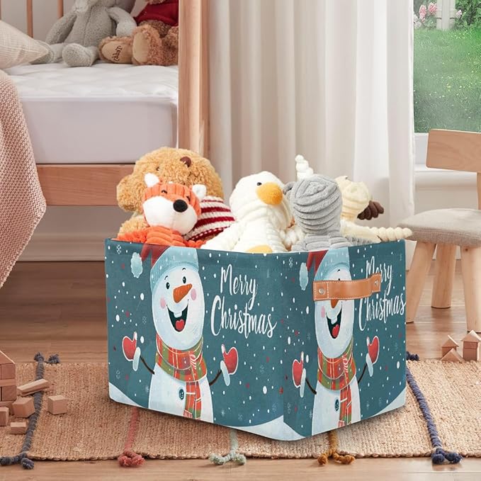 Storage Baskets Bin, Christmas Winter Snowman Collapsible Canvas Fabric Storage Bin Decorative Baskets Toy Organizer Rectangle Storage Boxes with Handles for Home Shelves Nursery, J-022