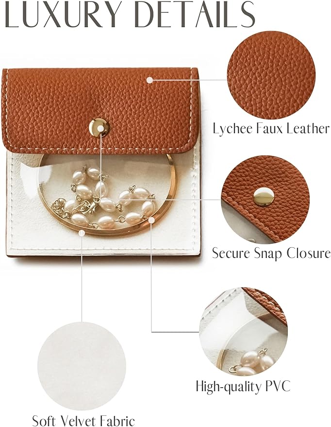 Popvibe 6 Pcs Jewelry Bags Clear Mini Pouch Small Jewelry Pouches for Traveling Leather Portable Travel Jewelry Organizer and Storage Bag for Earrings, Necklace, Brown