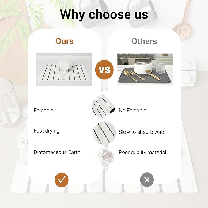 Hycrest HavenMat – Large Stone Dish Drying Mat (24”x16”) with Bamboo Rack & Brush | Quick-Dry Diatomite Counter Mat for Dishes, Glassware, Plants & Pets | Grey Kitchen Drying Stone (Marble)