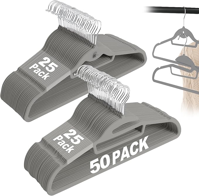 UEAKPIC Velvet Hangers 50 Pack, S-Shaped and Stackable Non Slip with 360°Swivel Hook, Ultra Thin and Space Saving Flocked, for Suits, Shirts, Coats, 15Lbs Capacity Heavy Duty, Grey