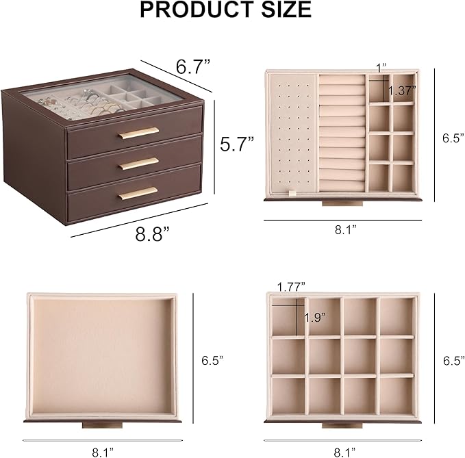 Frebeauty Clear Lid Jewelry Box,3-Layer Jewelry Organizer with Drawer,PU Leather Jewelry Organizers and Storage,Jewelry Boxes for Women,Jewelry Storage for Rings Earring Stud,Gift for Women(Brown)
