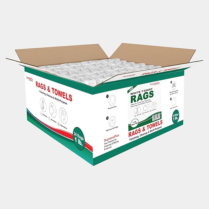 Premium White T-Shirt Cleaning Rags (1 lb. Bag - Pack of 24) – White Cotton Rags for Cleaning, Staining, Painting, Oil, Grease & Dust Removal – Shop Rags Bulk for Multipurpose use