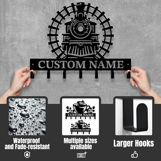 Personalized Train Metal Keys Hooks,Custom Name Metal Train Keys Hooks,Black Metal Train Wall Home Storage Decorative Keys Hooks,Key Holder Hooks for Wall (Style A)