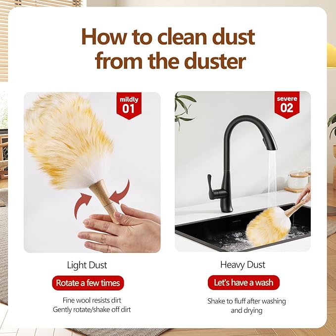 iHUFeather Lambswool Duster for Cleaning with Solid Wooden Handle Leather Hang Strap 14.9 inch Natural Feather Duster for Cleaning Ceiling Fans Window Blinds Computer Furniture(2 Pack)