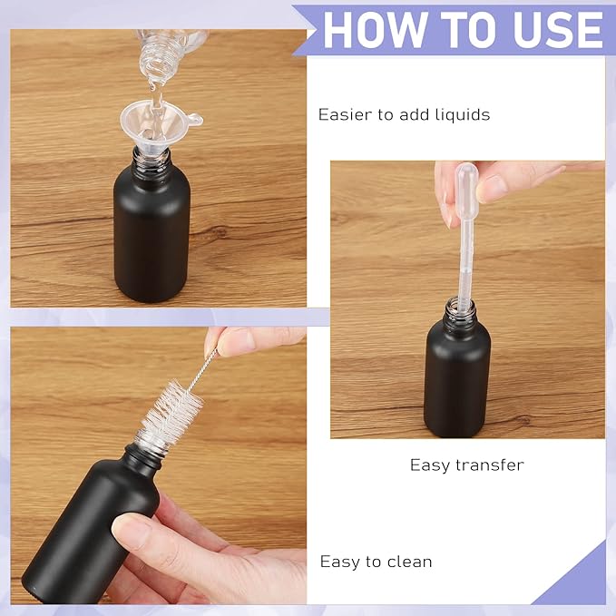 Nuogo 100 Pcs 2 Oz Glass Spray Bottles, Fine Mist Spray Bottle Refillable Cosmetic Bottles Empty Small Bottle with 10 Droppers, 5 Funnels, 2 Brushes for Essential Oil Cleaning Solutions(Black)