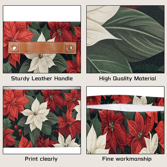 Storage Baskets Bin, Christmas Winter Poinsettia Collapsible Canvas Fabric Storage Bin Decorative Baskets Toy Organizer Rectangle Storage Boxes with Handles for Home Shelves Nursery, J-004