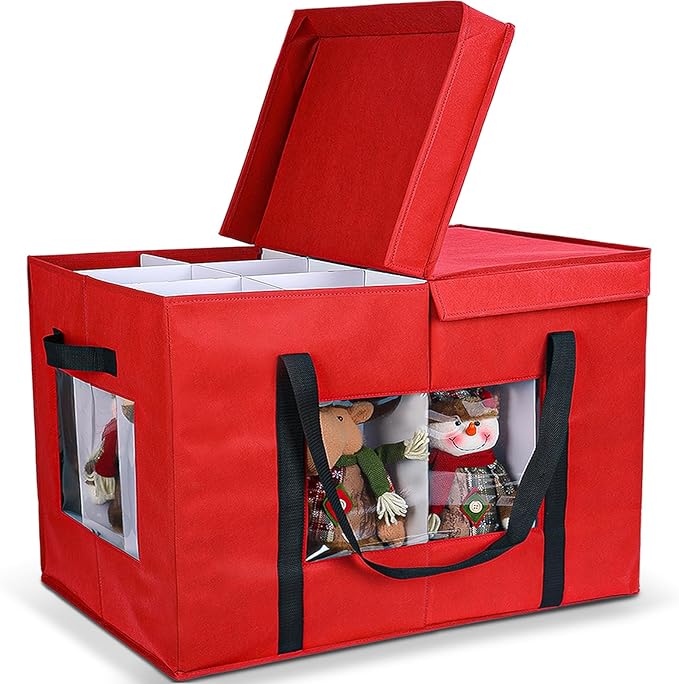 Christmas Figurine Storage Box, 24”x18”x15” Ornament Storage Box, 2025 UpgradeNutcracker Storage Box, Figurine Storage with Dividers, Adjustable Extent Area for Figurines and Pocket, Red