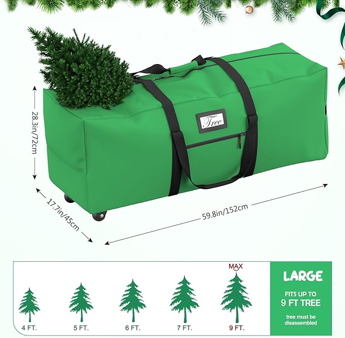 Mrrihand Christmas Tree Storage Bag, Large Artificial Anti-Tear Heavy-Duty 600D Oxford Cloth Xmax Christmas Tree Storage Box with Rolling Wheels, Christmas Tree Storage Container (Bright Green, 9Ft)
