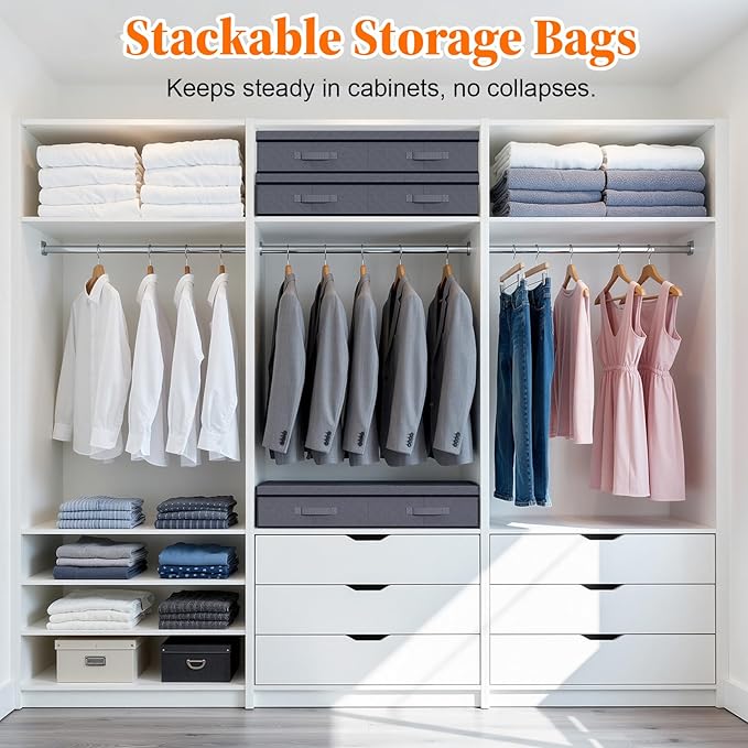 StoreHappily Under Bed Storage Containers with Lids - 2 Pack, Foldable and Stackable Clothes Storage Bags with Clear Window, 3-Sided Handles and Label Slot for Clothing, Blankets, Pillows (Grey)