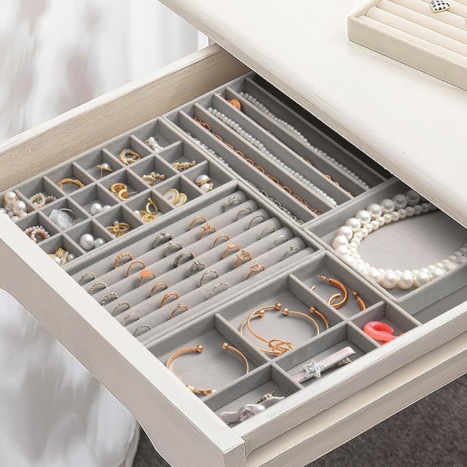 SPAKOWN Jewelry Drawer Organizer Inserts Set of 9, Velvet Jewelry Trays for Drawers, Storage for Earring, Ring, Necklace, Watch, Bracelet (Grey)