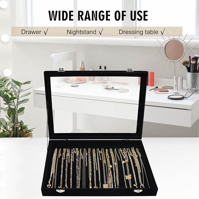 Necklace Organizer Box Premium 20 Hooks Velvet Necklace Display Jewelry Tray with Transparent Lid Jewelry Necklace Display Box for Necklace Pendants Suitable for Women and Girls (Black)