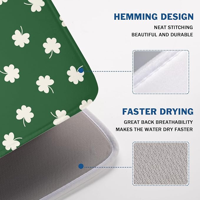 Wnoesat St Patricks Day Lucky Clover Dish Drying Mats for Kitchen Counter Green White Shamrock Dish Drying Pad St Patrick Microfiber Absorbent Reusable Washable Large Dishes Drying Mat 18x24 Inch