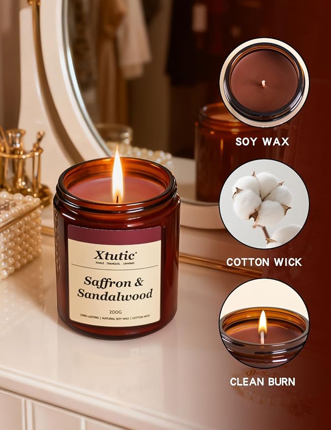 Soy Candle Gifts for Women & Men - 7oz Brown Scented Candle,50-Hour Burn Time,Aromatherapy Jar for Home Decor,Relaxing Ambiance in Bedroom & Office(Saffron Sandalwood)