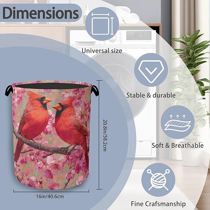 Red Cardinal Laundry Hamper,Cherry Blossoms Dirty Clothes Laundry Basket with Handles Waterproof Oxford Cloth Storage Basket for College Dorms Bathroom Bedroom 16" x 20.8"