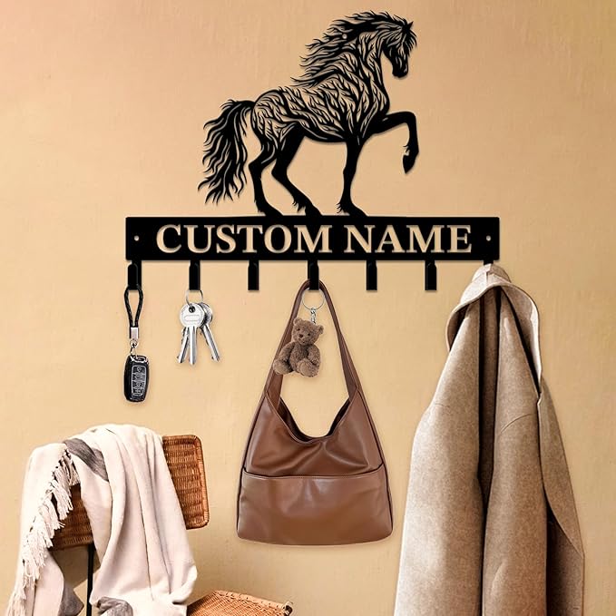 Personalized Custom Name Farm Horse Wall Key Hooks,Metal Horse Art Clothes Hooks,Metal Horse Wall Home Storage Decorative,For Front Door, Hallway, Kitchen, Bedroom,Keys,Hats (Style F)