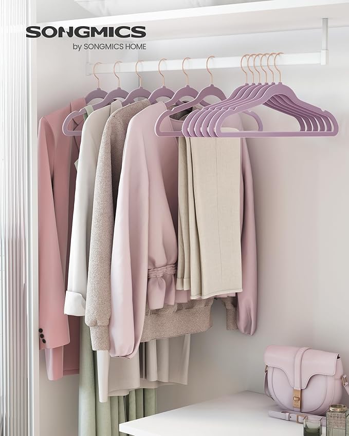 SONGMICS Slim Velvet Hangers, Non-Slip Clothes Hangers with Rose Gold Swivel Hooks, Space-Saving, for Closet, 50 Pack, Light Purple UCRF026P50