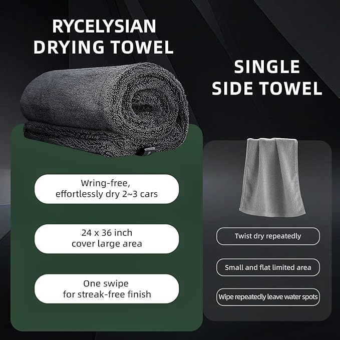 RYCELYSIAN 24" x 36" Twisted-Loop Car Drying Towel, 1500GSM Microfiber Cleaning Cloth for Car, Trucks, Motorcycles, Streak Free, Lint Free, Ultra Absorbent Washing Cloth for Kitchen, Window (Grey)