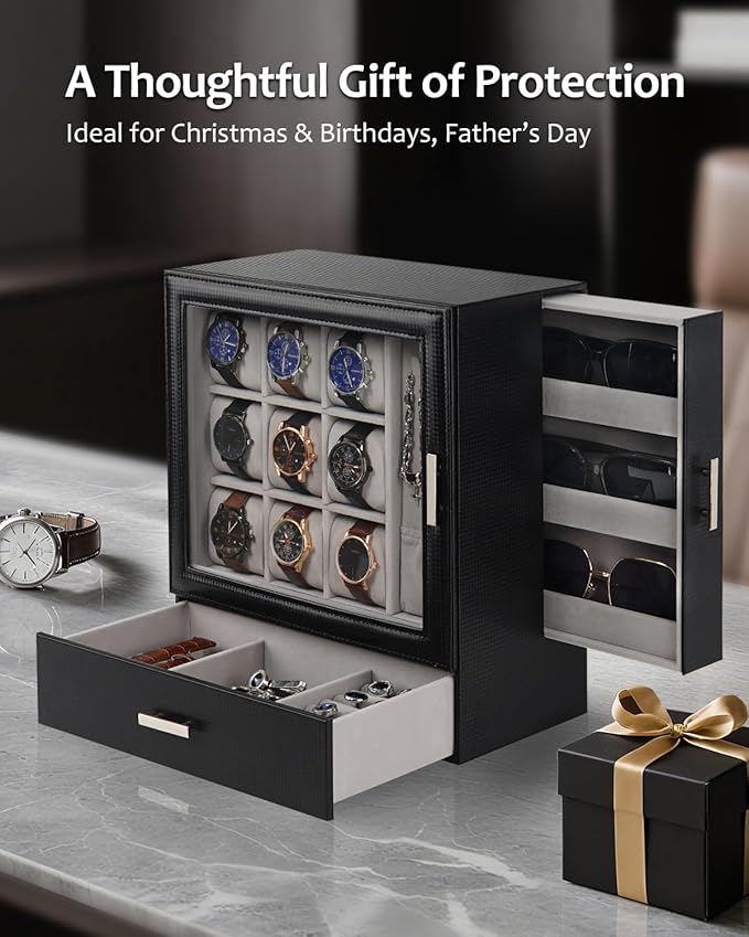 Jenseits 9-Slot Watch Box, Mens Jewelry Box with Glass Lid and Drawer, Leather Watch Organizer for Watches, Sunglasses, Vertical Watch Case Holder for Men Women, Gift Idea