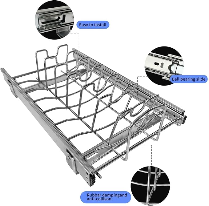 STORKING Slide Out Pan and Pot Lid Organizer For Under Cabinet, Wire Dividers Kitchen Pull Out Pot Lid Rack Organization And Storage, Full-Extension Rail, 12" W X 20" D
