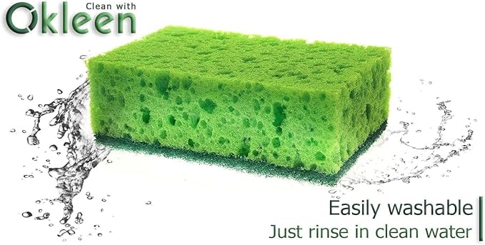 Okleen Green Multi Use Scrub Sponge. Made in Europe. 9 Pack, 4.3x2.8x1.4 inches. Odorless Heavy Duty and Non Scratch Fiber. Best, Durable, Delicate, Porous, Non Cellulose Kitchen Sponges and Scrubbers