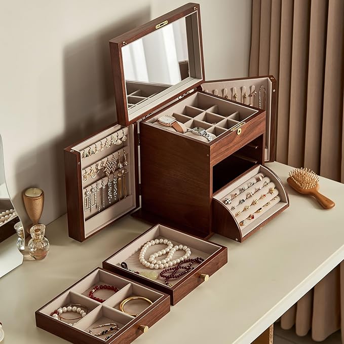 Black Walnut Wooden Jewelry Box, Wood Jewelry Organizer with 2 Side Doors Mirror Lockable Classical for Watch Necklace Ring Earring Valentine's Day Gifts-4 Layer with Curved Ring Grooves