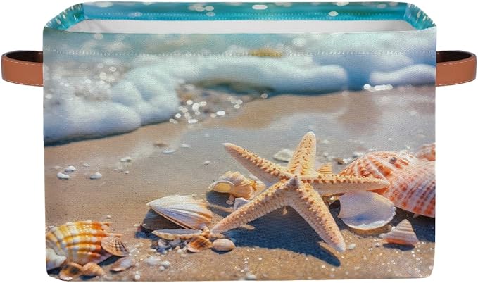Ocean Starfish Seashell Storage Basket for Shelves, Storage Bins with Handles, Collapsible Basket for Organizing, Closet Toy Baskets for Nursery Room, 15x11x9.5 in, Canvas, Sea Beach