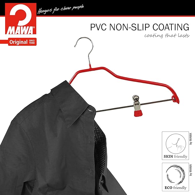 Mawa by Reston Lloyd Silhouette Series Non Slip Space Saving Hanger with Pant Clips, Style 40/FK,Set of 5, Red