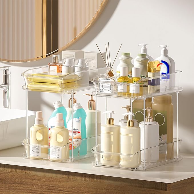 Delamu 2-Tier Under Sink Organizers and Storage, Multi-Purpose Stackable Bathroom Cabinet Organizers, Pull Out Kitchen Pantry Organization and Storage with Dividers(3 Pack, Clear)