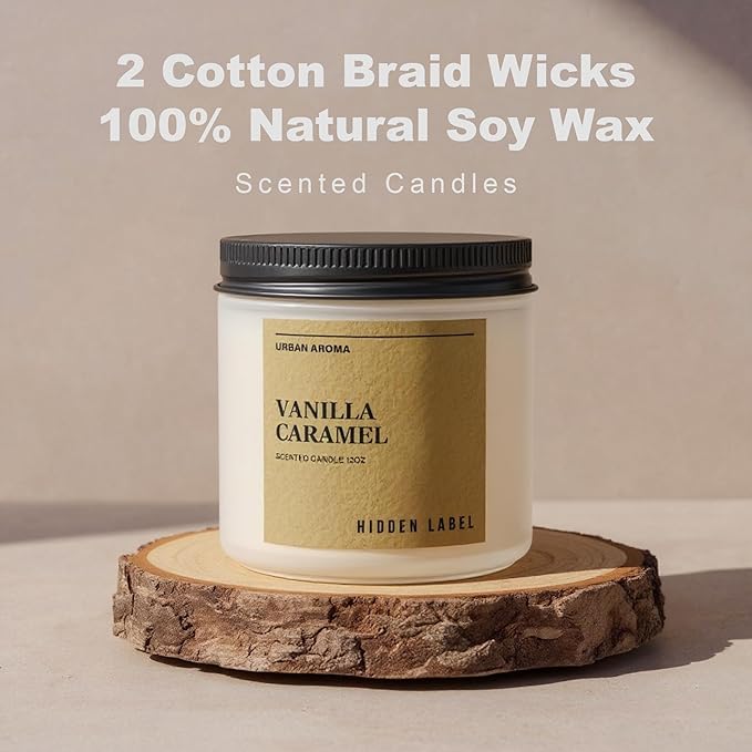 Hidden Label Vanilla Caramel Scented Candle, 12oz 2 Wick Non Toxic Candles for Home Scented, Natural Soy Wax Clean Burning Aromatherapy Candle, 70H Long Lasting for Gifts Stress Relief & Relaxation