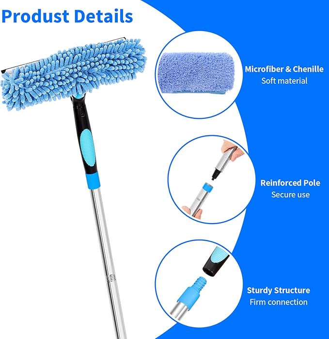 152'' Window Cleaning Kit, 2 in 1 Window Squeegee with Extension Poles, Window Cleaner Tools for Indoor/Outdoor High Window, Car, Glass