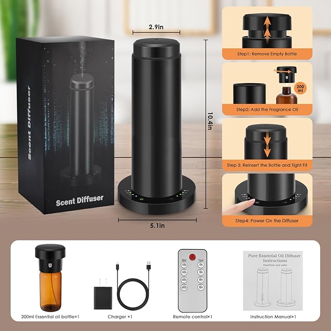 Waterless Scent Essential Oil Diffuser for Hotel,Whole House,Large Room, Office，Home，200ML Large Capacity, Covering 1500 Square feet (Black) (Black-Metal)