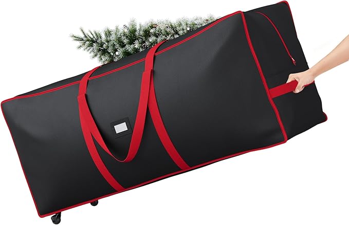 ELYKEN 7.5FT Christmas Tree Storage Bag with Wheels, Rolling Storage Bag for Artificial Christmas Tree and Decorations, Heavy Duty 600D Oxford Fabric, Length-Adjustable Handles, Dual Zippers, Black
