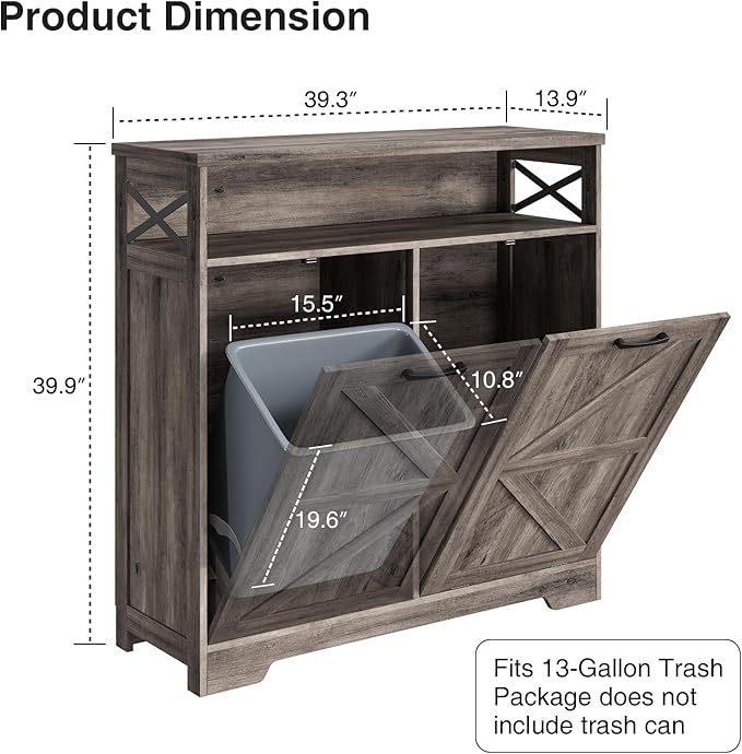 Double Tilt Out Trash Can Cabinet for 13 * 2 Gallon Garbage Can, Farmhouse Kitchen Garbage Trash Bin for Hidden Laundry Basket, Dual Dog Proof Recycling Cabinet for Dining Living Room, Grey