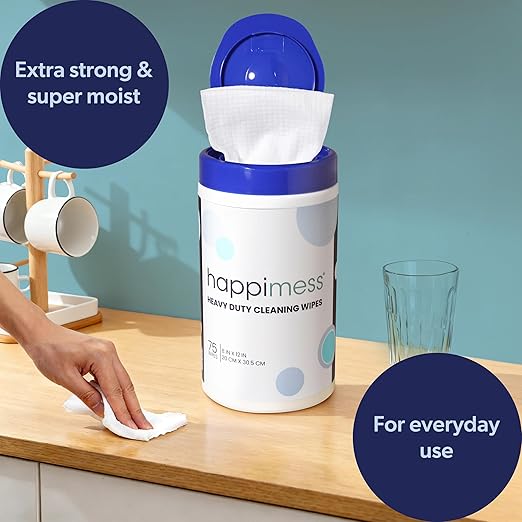 happimess WPE1001A-6SET Heavy Duty Cleaning Wipes, Multi-Purpose Multi-Surface Household Wipes, Extra Strong Cleaner for Kitchen, Bathroom, and Pet Messes, Unscented, 75 Count, Pack of 6