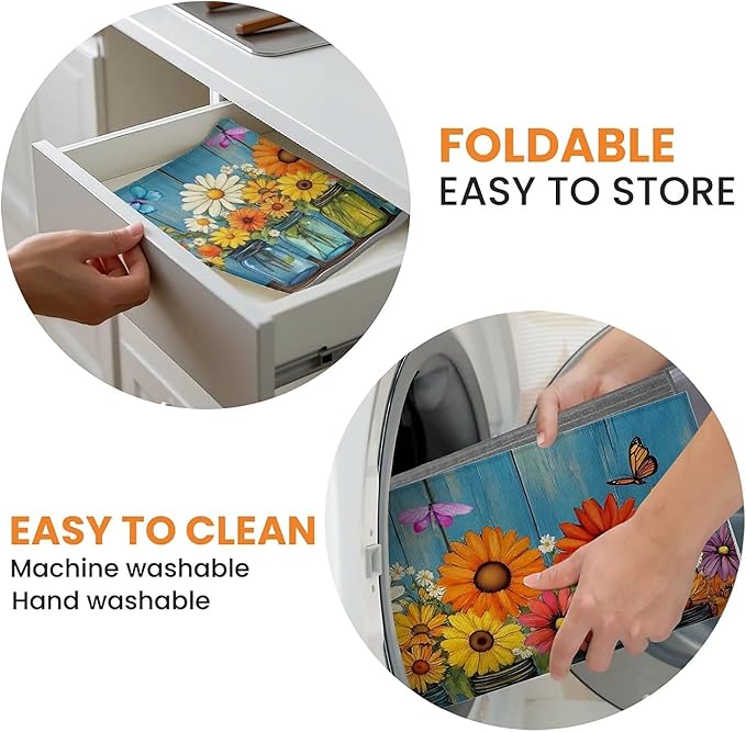 Dish Drying Mat For Kitchen Counter, Vintage Daisy Flower Microfiber Absorbent Dish Drainer Rack Pad Reusable Large 18x24in Drying Mat