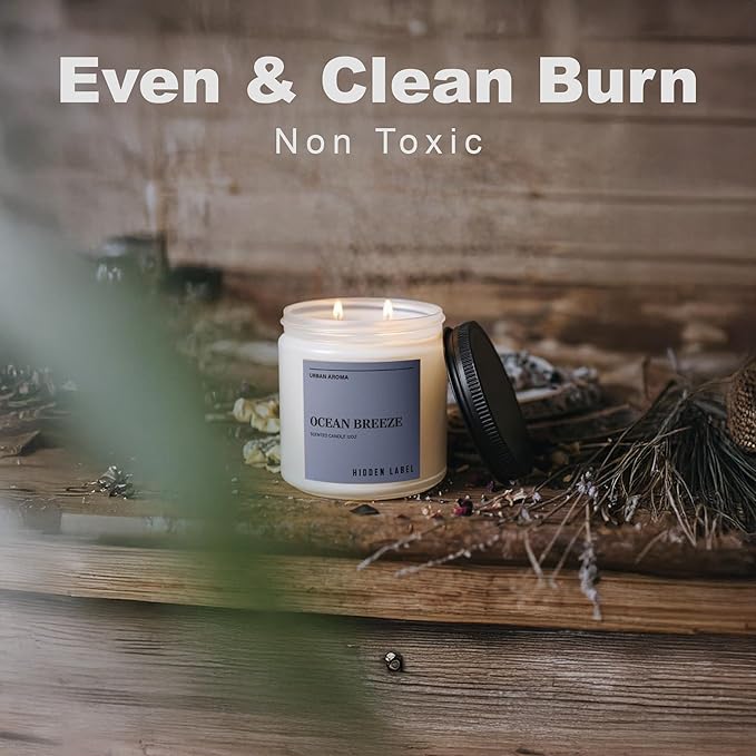 Hidden Label Ocean Breeze Scented Candle, 12oz 2 Wick Natural Soy Non Toxic Candles, Clean Burning Long Lasting Aromatherapy for Home | Gifts | Décor,Premium Scents for Relaxation & Stress Relief