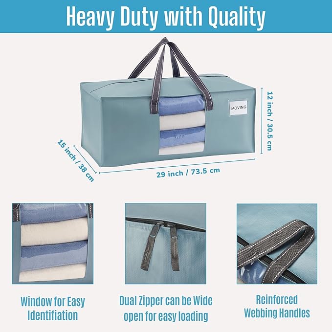 VENO 2 Pack Heavy Duty Moving Bags, Christmas Storage Bins with Lids, Transparent Window Design, Alternative to Moving Boxes, Storage Bags for Clothes, Blankets, Comforters (Light Blue Matte, 2 Pack)