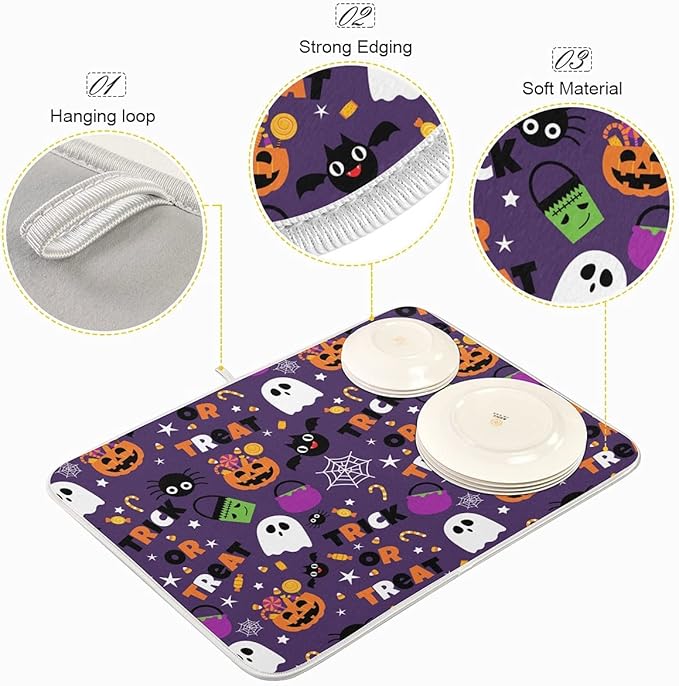 Happy Halloween Purple Pumpkin Fall Dish Drying Mat 16x18 for Kitchen Counter Trick or Treat Spooky Ghost Reversible Dishes Draining Mats Medium Absorbent Fast Dry Pad Halloween Accessories