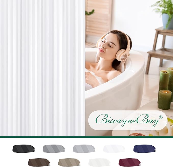 Biscaynebay Fabric Shower Curtain or Liner 72" X 72", White Water Repellent Damask Stripes Bathroom Curtains Machine Washable