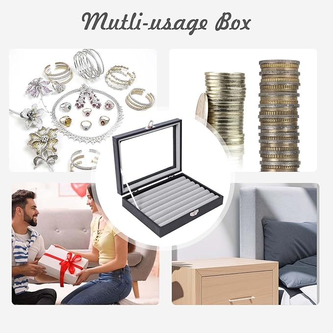 Stratalife Jewelry Display Case Leather Ring Box with Glass Top Ring Organizer for Women Compact Ring Holder Small Tray for Jewelry Storage Box with Lid Gray