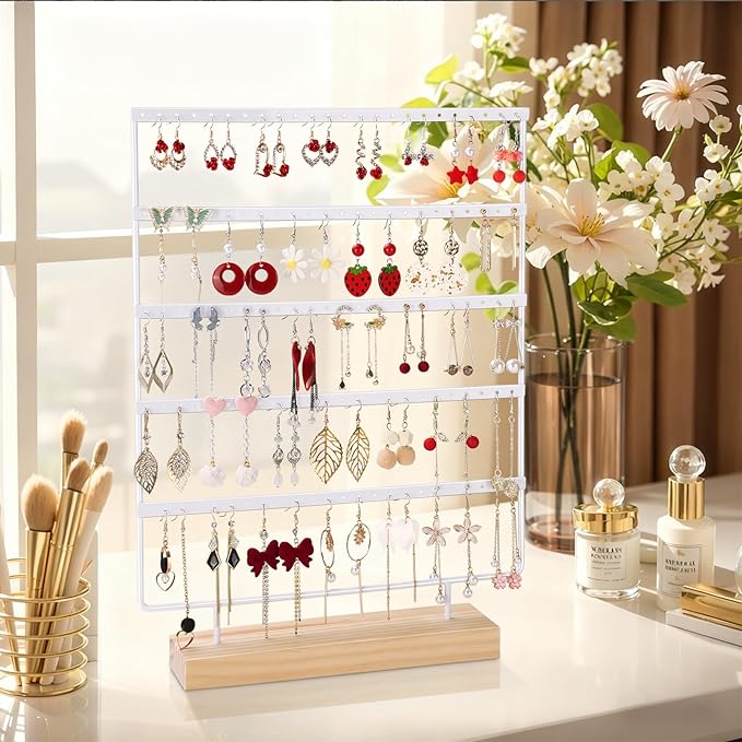 5 Tier 120 Hole Earring Holder Organizer, Rust Proof Metal and Wooden Base Jewelry Organizers and Storage for 60 Pairs of Earrings, Suitable for Home Storage and Sales Display
