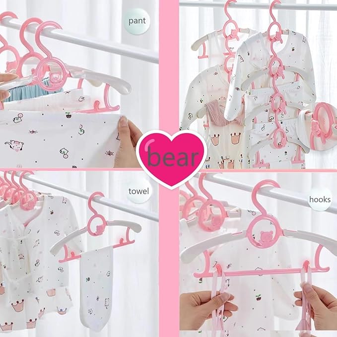 HGYZE Kid Hangers for Closet 50pcs, Pink Infant Clothes Hanger 11-14" Adjustable Plastic Baby Coat Perchas with Bear Hook, Non-Slip Children Outfit Hangars for Boy Toddler Newborn Teen Clothing