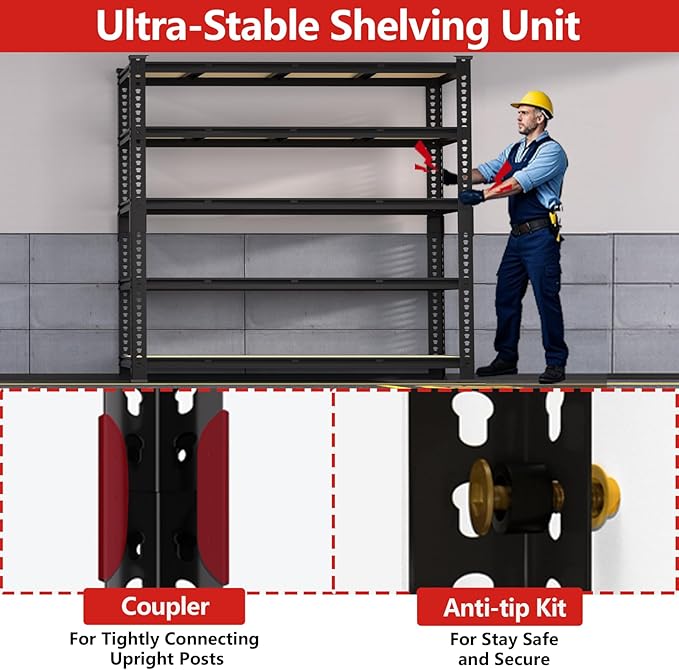 PrimeZone 60" W X 24" D X 72" H Heavy Duty Garage Storage Shelves - Adjustable Metal Shelving Unit, 5 Tier Industrial Shelves for Storage Standing Utility Rack for Warehouse, Basement, Black, 3 Pack