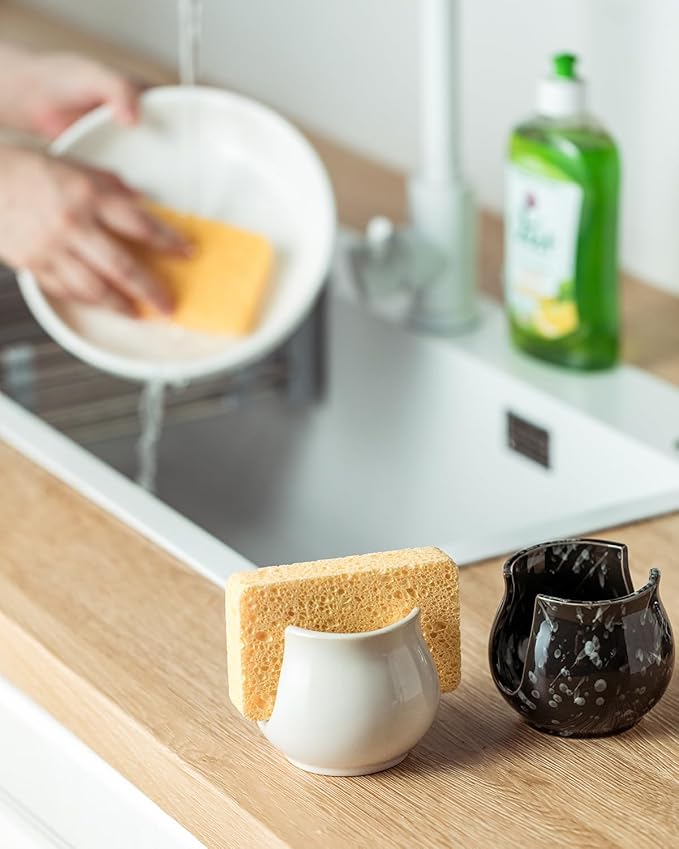 Zoeeker Sponge Holder for Kitchen Sink Counter, Ceramic Dish Sponge Caddy White Sink Organizer Dish Rack Farmhouse Brush Holder for Bathroom, Kitchen, White