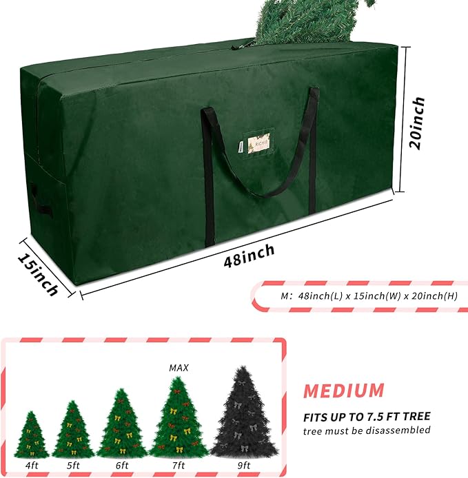 Christmas Tree Storage Bag 7.5 ft, Fits Up to 7 Foot Artificial Trees, 600D Oxford Tear-proof Xmas Tree Bag, Reinforced Handles & Zippered & Durable, Holiday Decoration Storage Bags, Green