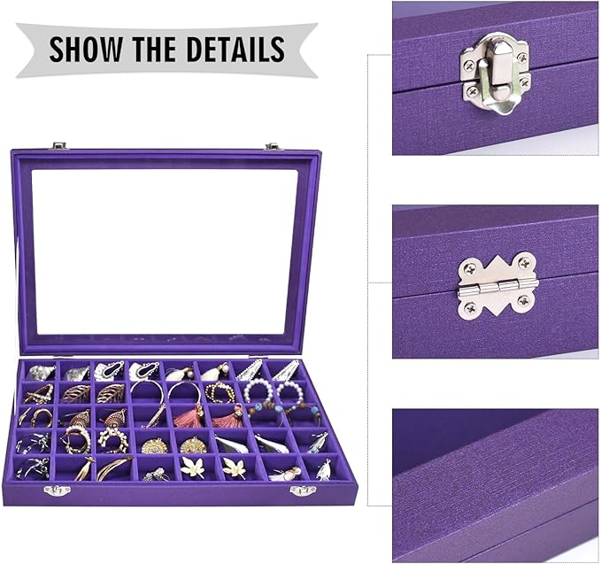 Jewelry Tray Organizer Box 40 Grid Jewelry Display Organizer Box with Transparent Lid Rings Earrings Necklaces Pendants Display Box Suitable for Women and Girls (40 Grid, Purple)