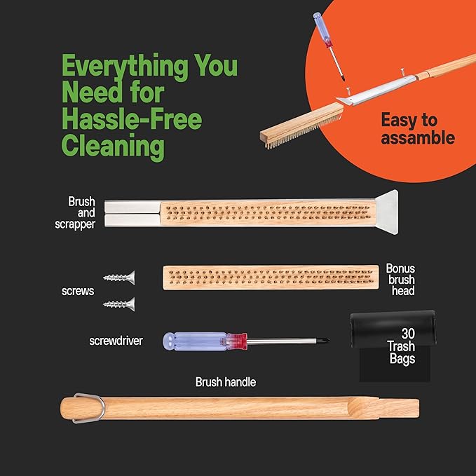 SCRUBIT 26" Pizza Oven Brush with Scraper, Heat Resistant - Stainless-Steel 2-in-1 Pizza Stone Brush with Pizza Stone Cleaner, Includes 2 Brush Heads and 30 Waste Bags - Works with Ooni Pizza Oven